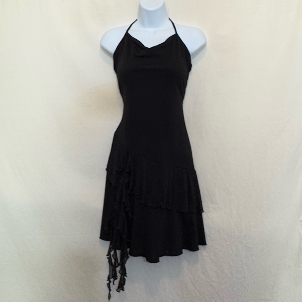 E-133 Rag Black Sleeveless‎ Halter Style Top Ruffle MIDI Dress Size M